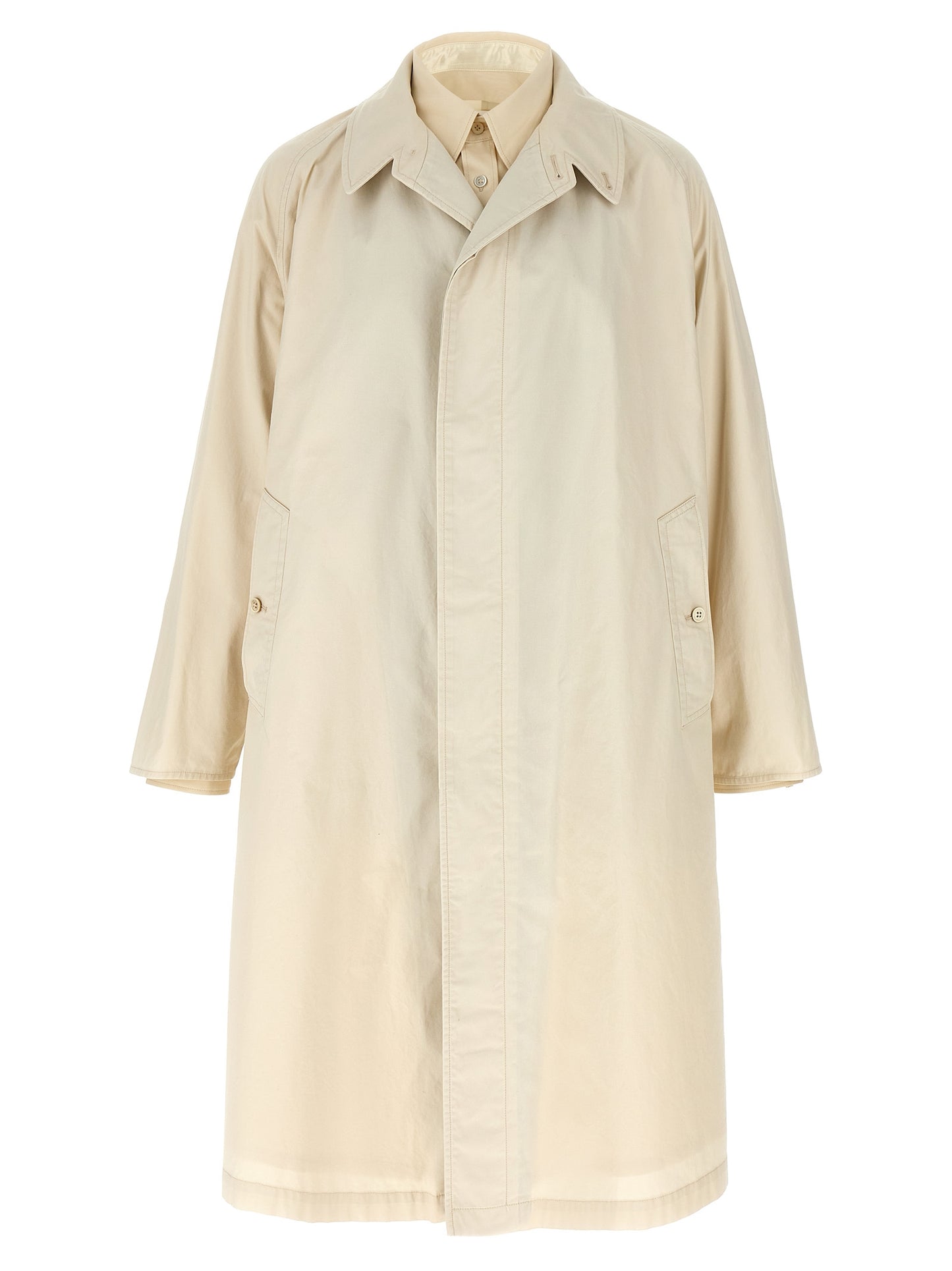 Trench Coat by Maison Margiela for men in cotton beige presents an sculptural silhouette, artfully detailed with a sculptural split neckline and functional pockets for a truly sculptural finish.