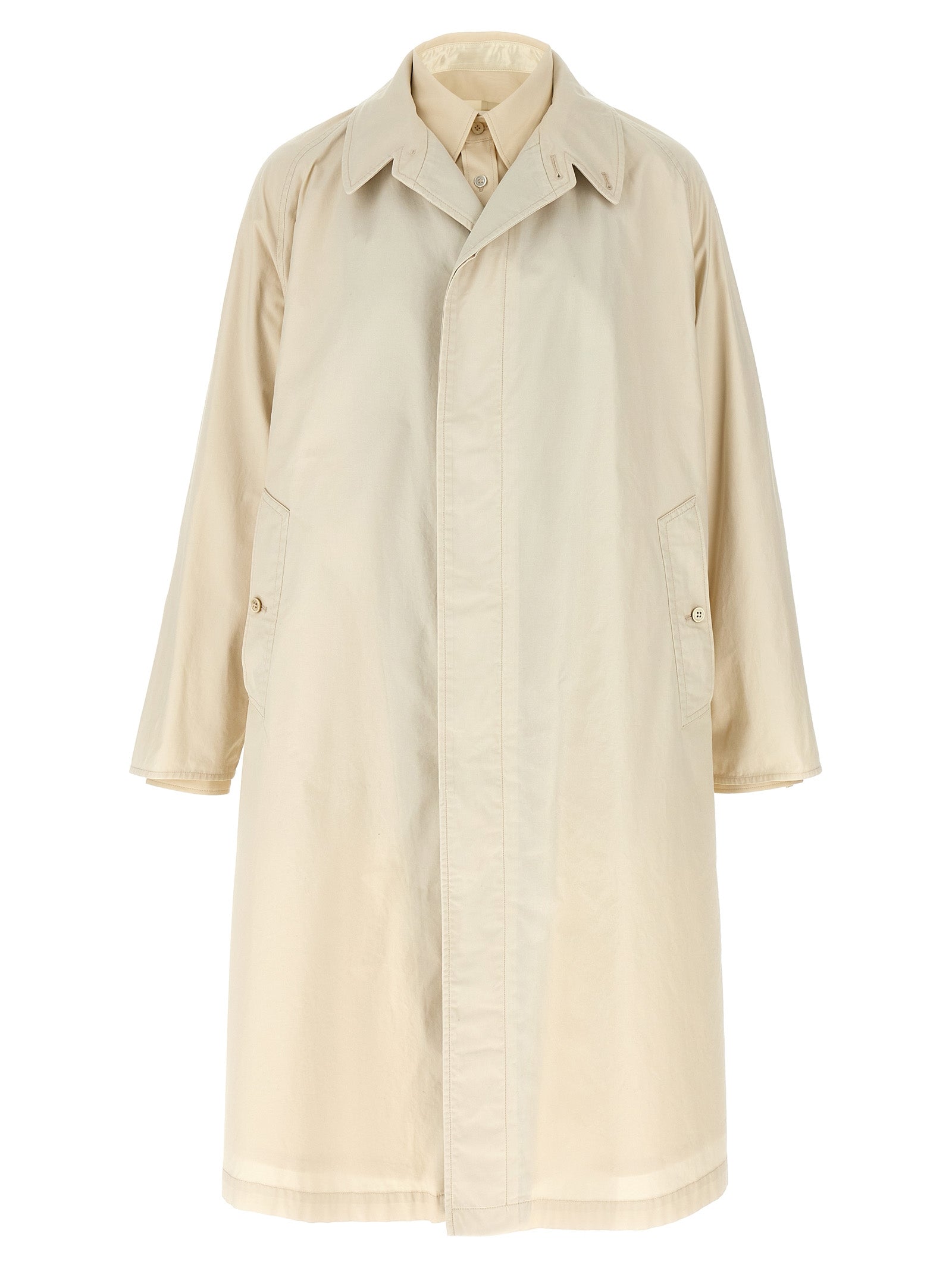 Trench Coat by Maison Margiela for men in cotton beige presents an sculptural silhouette, artfully detailed with a sculptural split neckline and functional pockets for a truly sculptural finish.