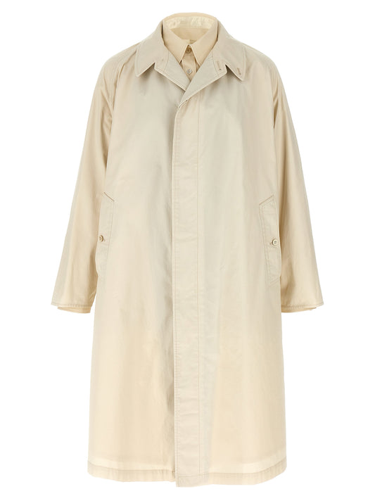 Trench Coat by Maison Margiela for men in cotton beige presents an sculptural silhouette, artfully detailed with a sculptural split neckline and functional pockets for a truly sculptural finish.