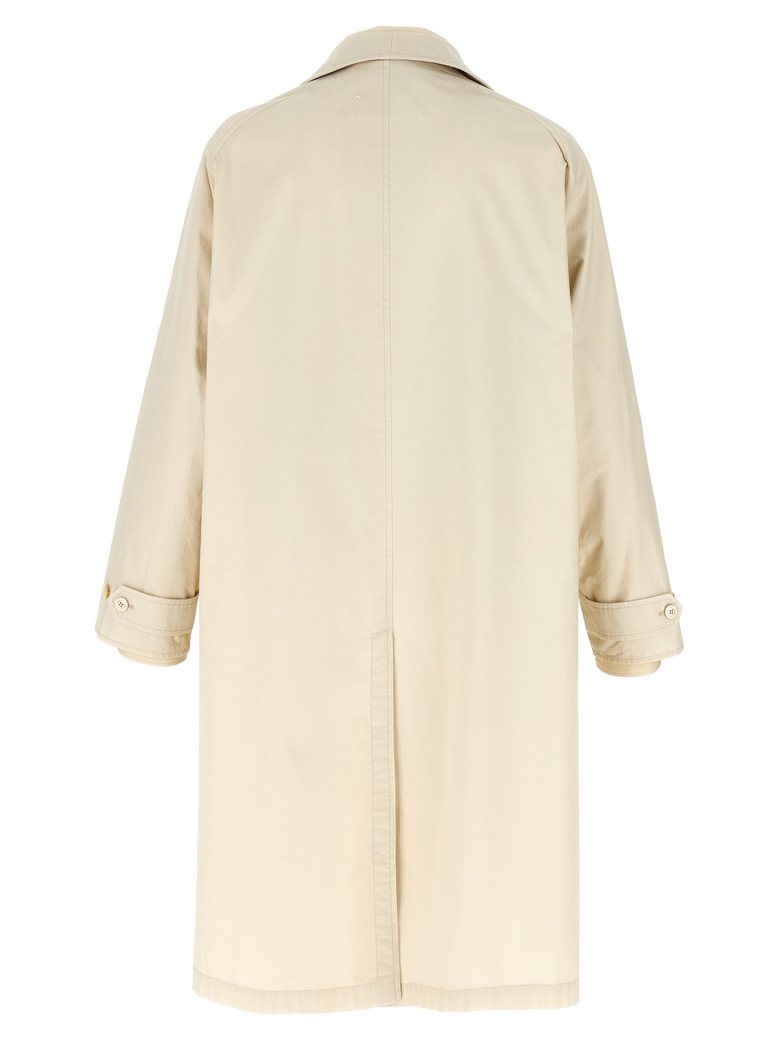 Trench Coat by Maison Margiela for men in cotton beige features an dramatic silhouette, perfectly showcasing the elegant split neckline and sophisticated pockets for a truly dramatic aesthetic.