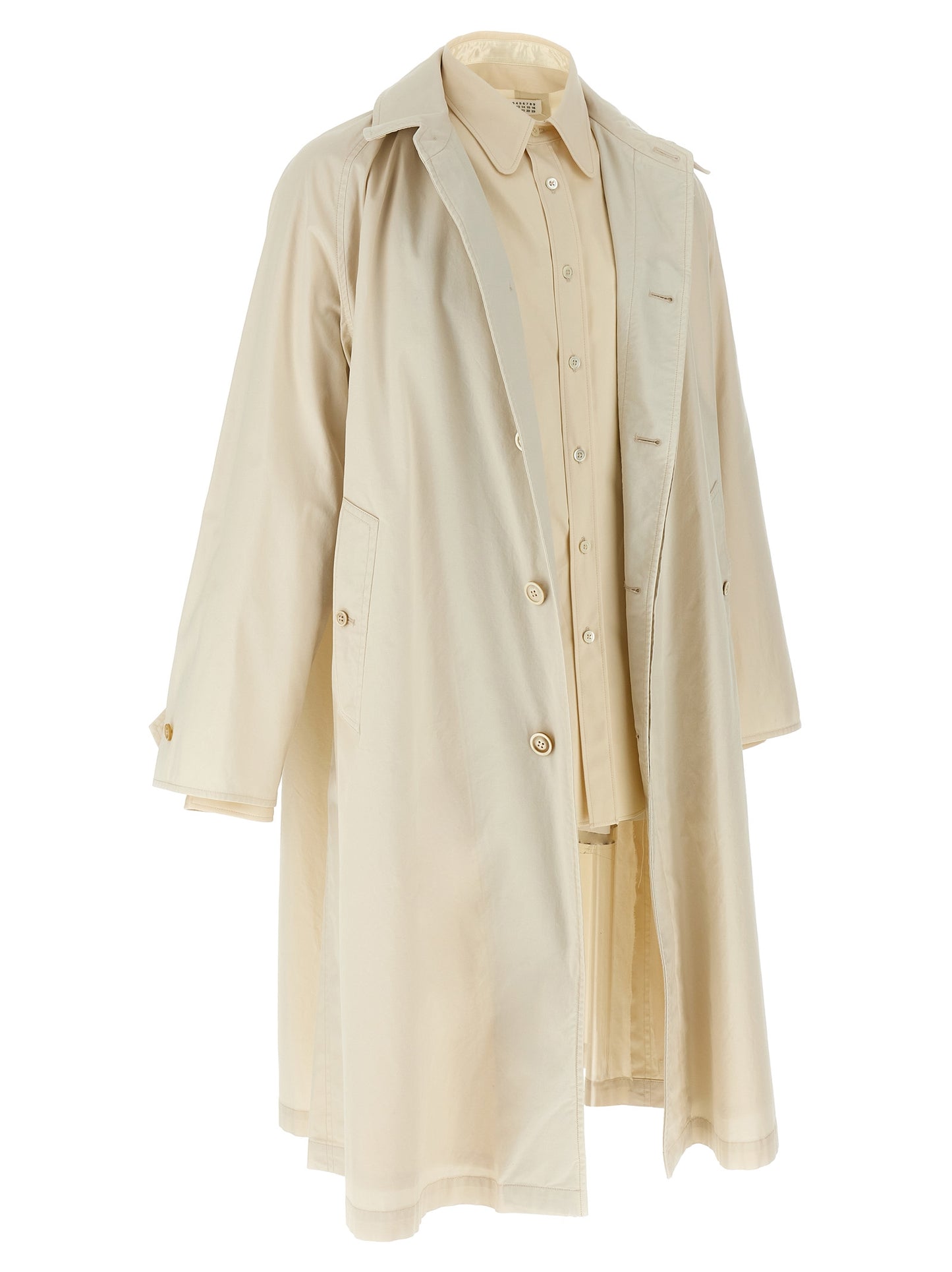 Trench Coat by Maison Margiela for men in cotton beige presents a utilitarian silhouette, showcasing a utilitarian split neckline and sophisticated pockets for a truly utilitarian look.