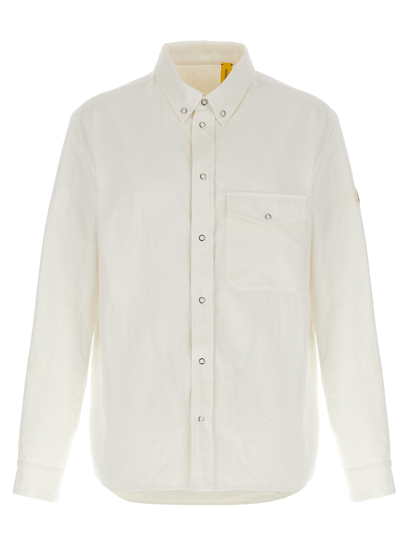 Overshirt by MONCLER GENIUS for men in cotton & nylon white & signature showcases a sleek silhouette, elegantly detailed with a sleek and for a sleek finish.