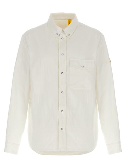 Overshirt by MONCLER GENIUS for men in cotton & nylon white & signature showcases a sleek silhouette, elegantly detailed with a sleek and for a sleek finish.