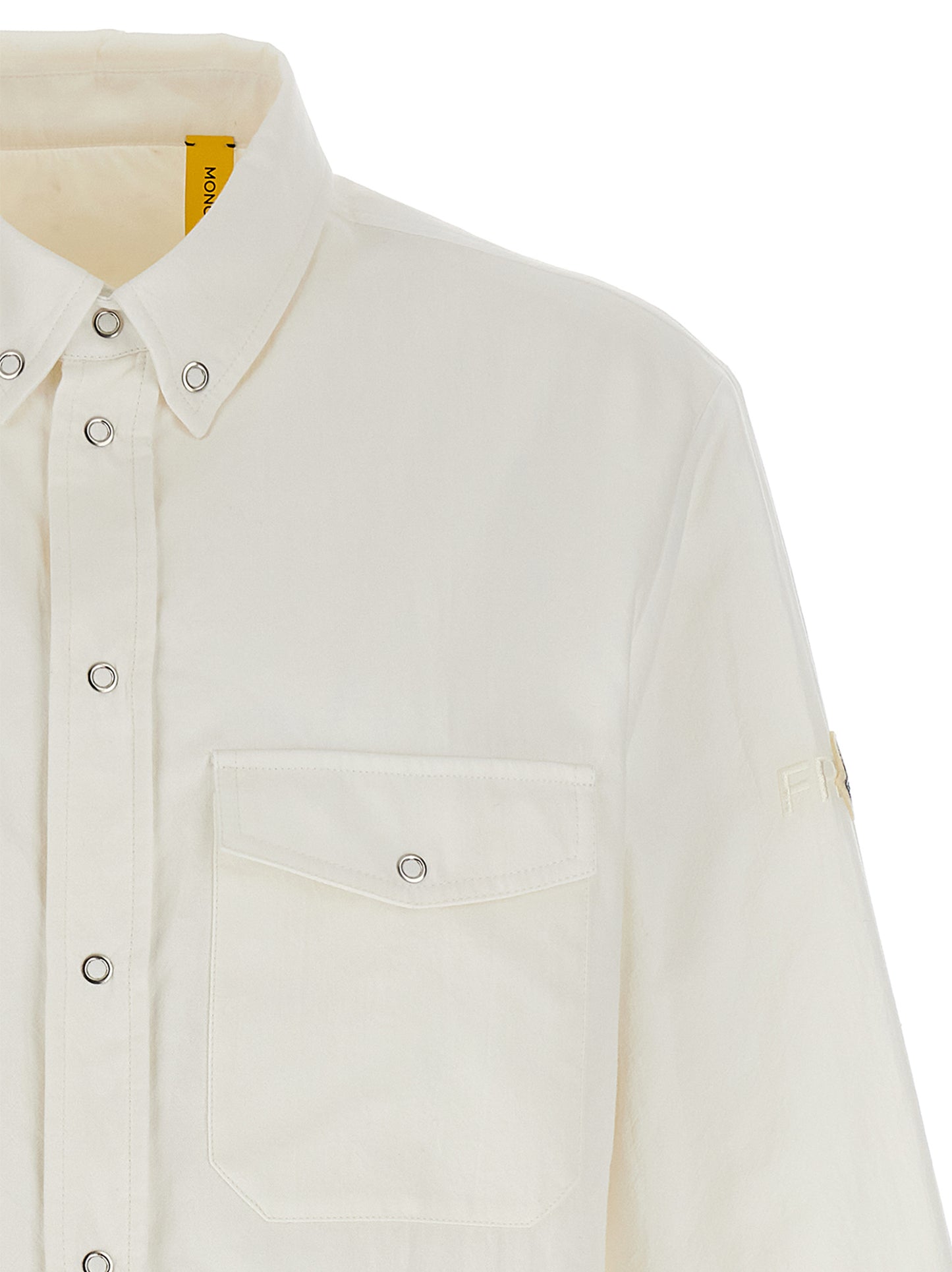 Overshirt by MONCLER GENIUS for men in cotton & nylon white & signature features an architectural silhouette with a refined and elegant for a architectural look.