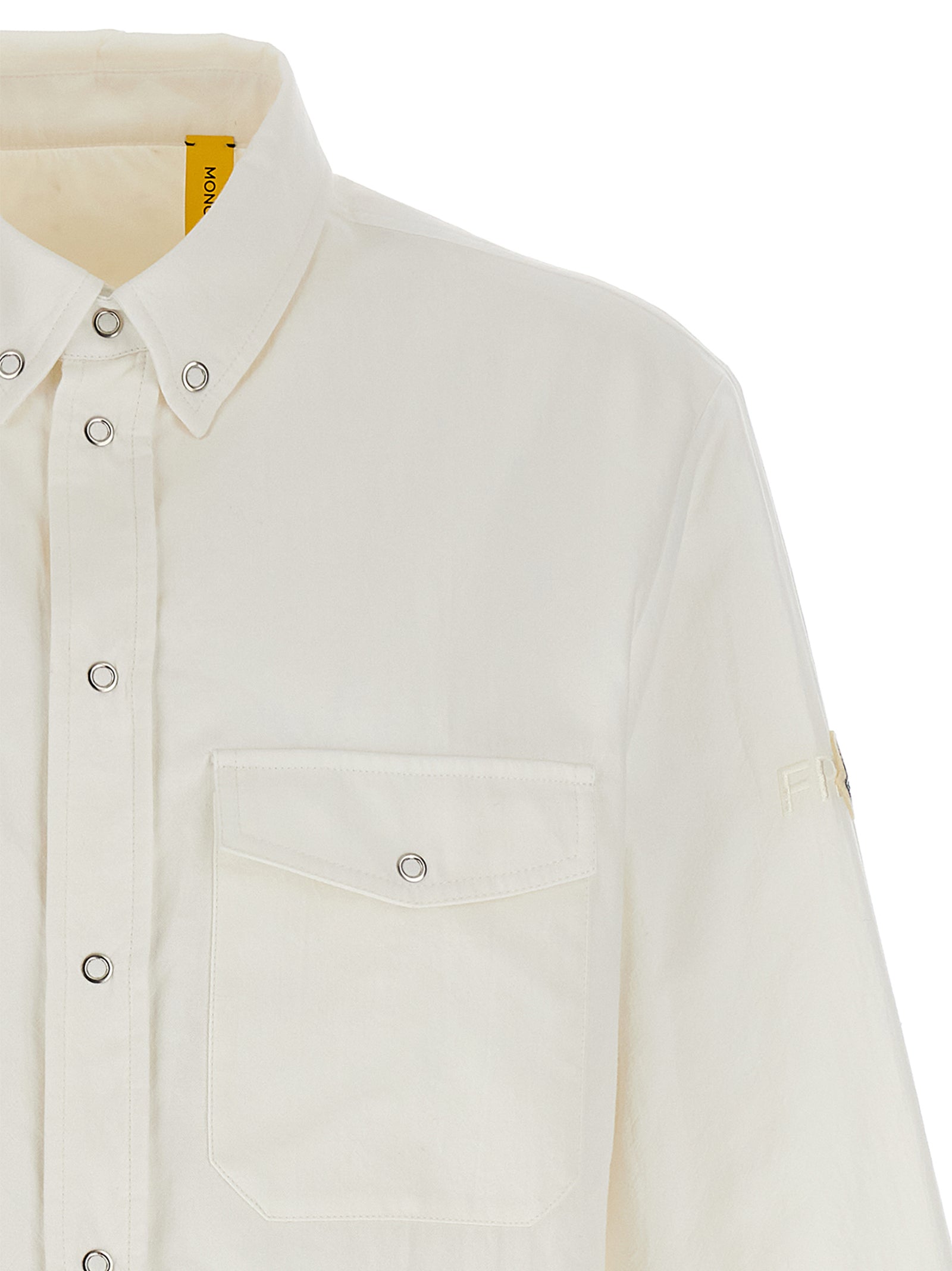 Overshirt by MONCLER GENIUS for men in cotton & nylon white & signature features an architectural silhouette with a refined and elegant for a architectural look.
