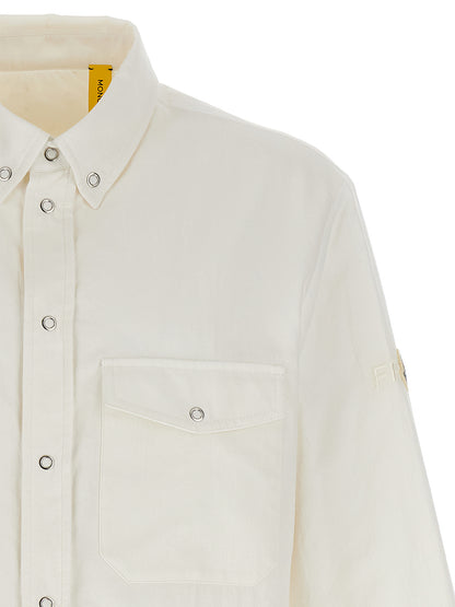 Overshirt by MONCLER GENIUS for men in cotton & nylon white & signature features an architectural silhouette with a refined and elegant for a architectural look.