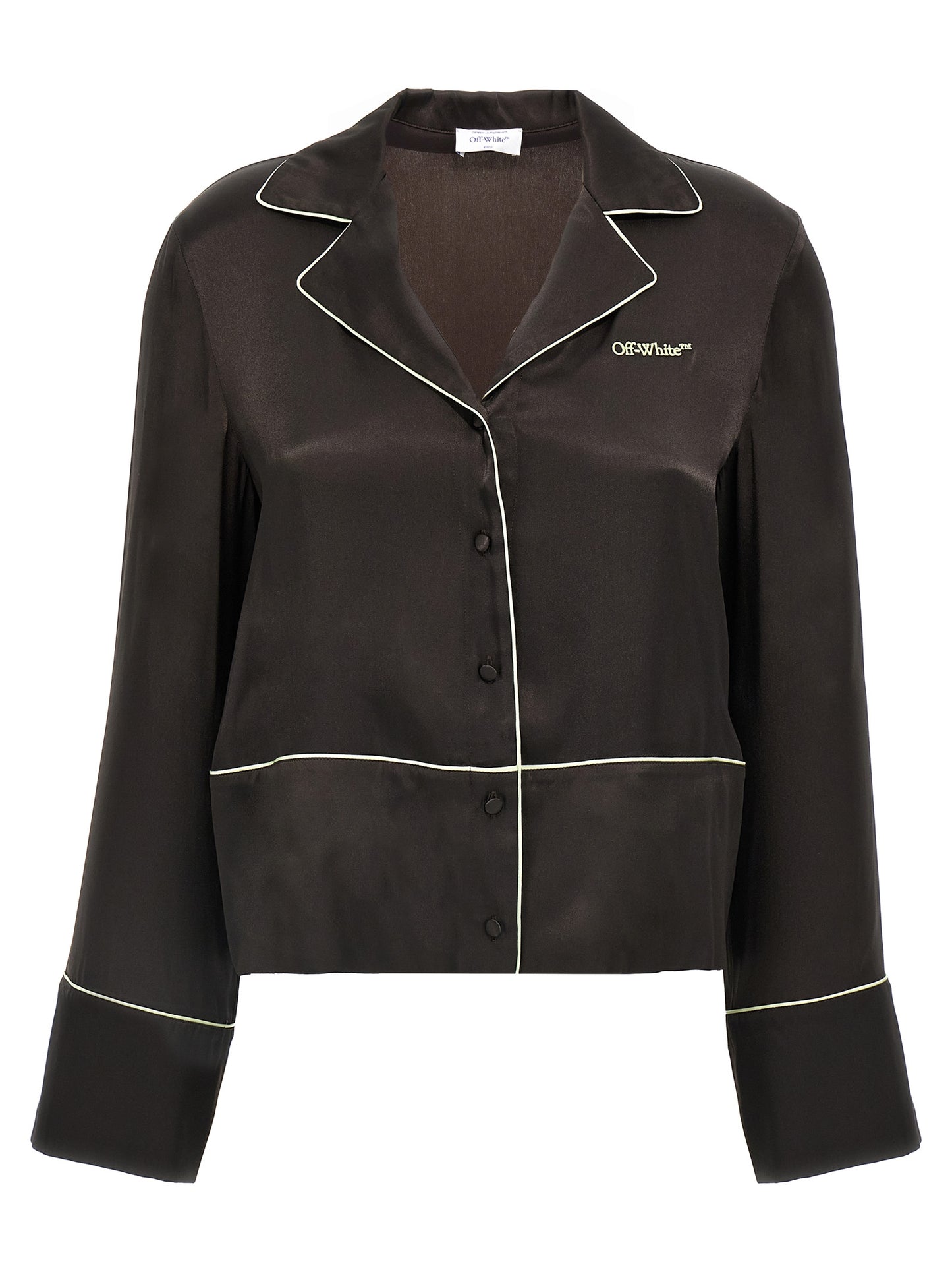 Blouse by Off-White for women in silk & acetate black & white showcases a sleek silhouette, elegantly detailed with a sleek v-neck neckline and long-sleeve for a sleek finish.