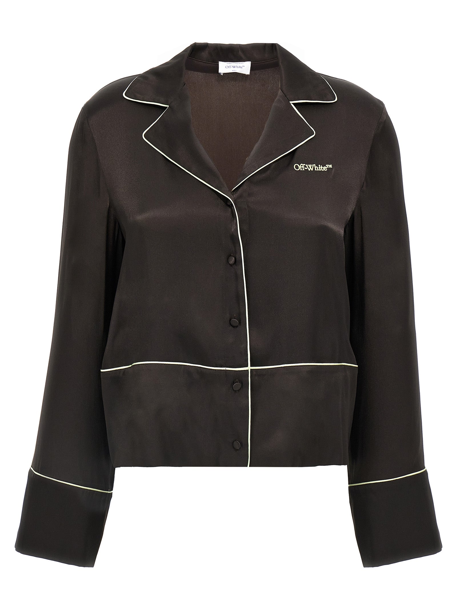 Blouse by Off-White for women in silk & acetate black & white showcases a sleek silhouette, elegantly detailed with a sleek v-neck neckline and long-sleeve for a sleek finish.