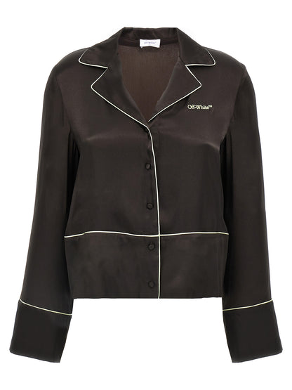 Blouse by Off-White for women in silk & acetate black & white showcases a sleek silhouette, elegantly detailed with a sleek v-neck neckline and long-sleeve for a sleek finish.