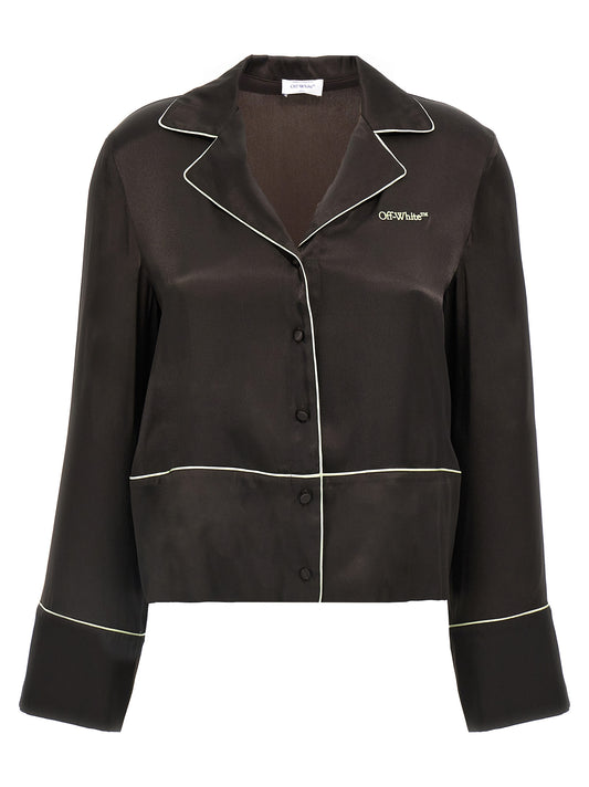 Blouse by Off-White for women in silk & acetate black & white showcases a sleek silhouette, elegantly detailed with a sleek v-neck neckline and long-sleeve for a sleek finish.