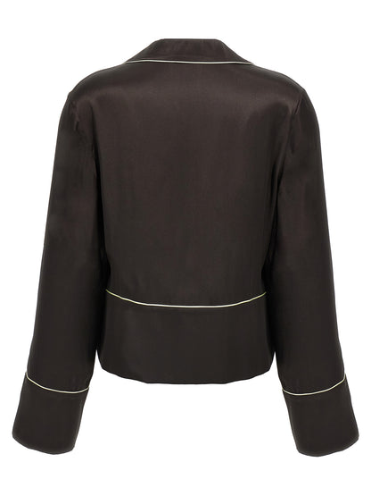 Blouse by Off-White for women in silk & acetate black & white, featuring a nuanced and nuanced v-neck neckline for a sophisticated finish.