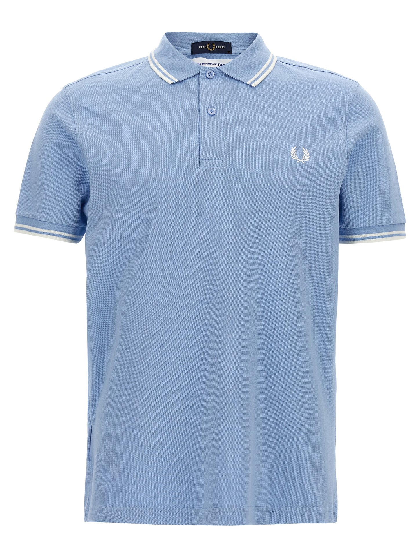 Polo Shirt by Comme Des Garçons for men in cotton light-blue & print presents a crisp silhouette, artfully detailed with a crisp short-sleeve and crisp .