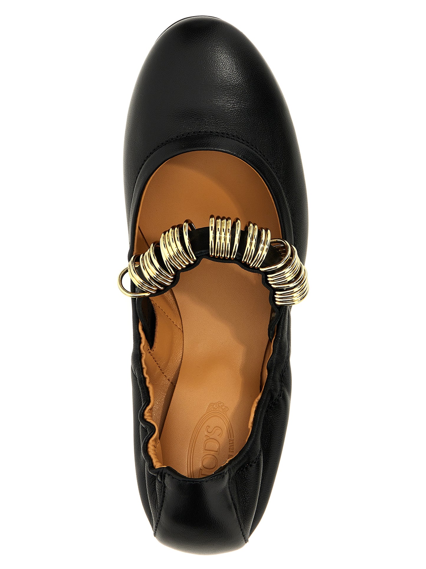 Ballet Flat Shoes by Tod's for women in lamb leather black & gold showcases a resplendent Grace Women's Lamb Leather Ballet Flat Shoes aesthetic with a and .