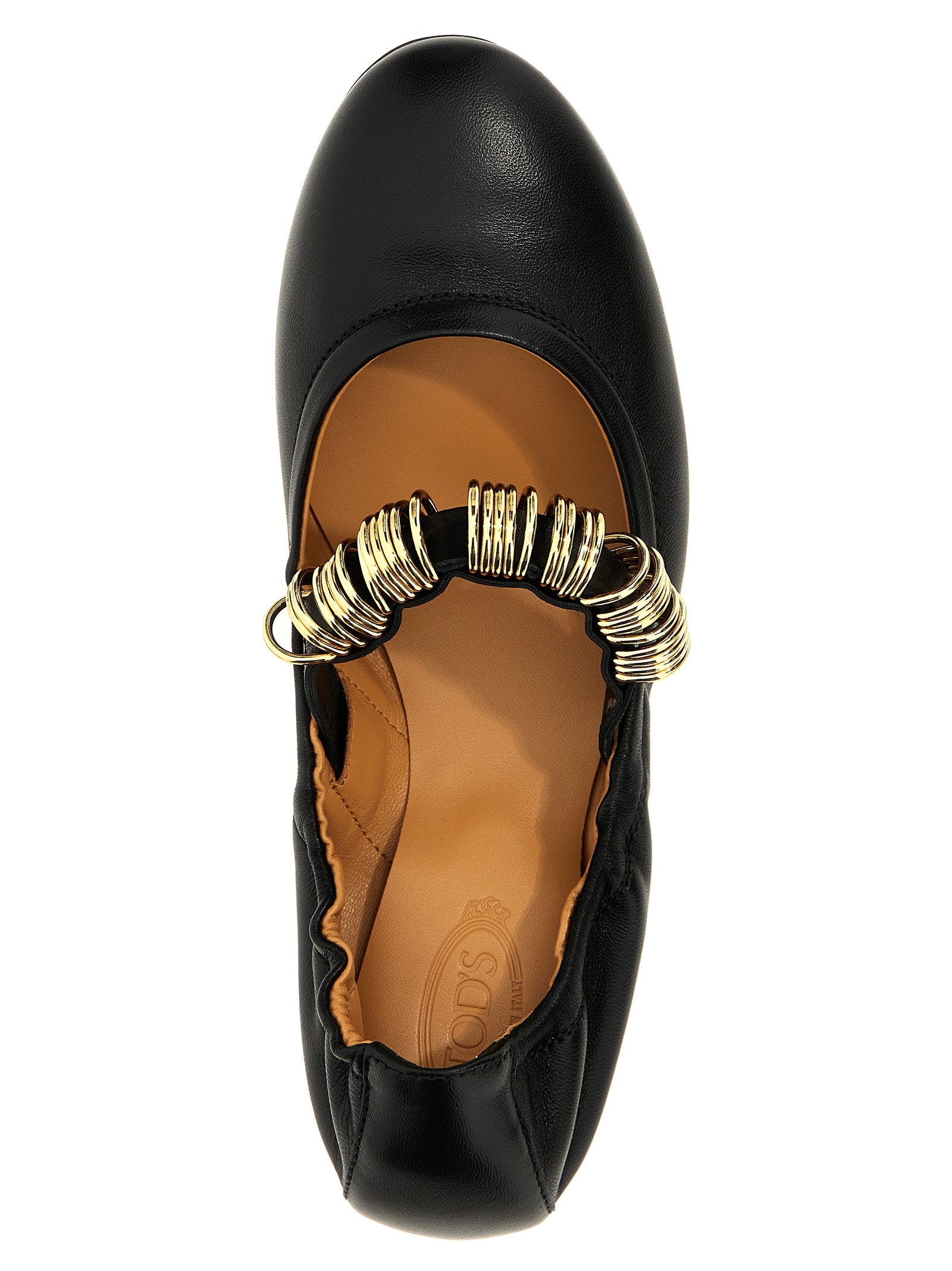 Ballet Flat Shoes by Tod's for women in lamb leather black & gold showcases a resplendent Grace Women's Lamb Leather Ballet Flat Shoes aesthetic with a and .