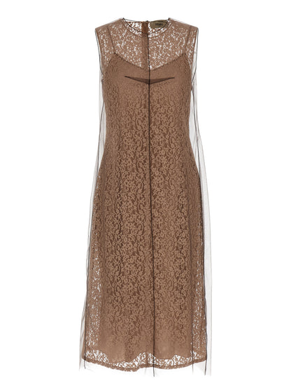 Dress by Fendi for women in polyamide cotton beige & floral features an magnificent silhouette, artfully detailed with a magnificent crew split neckline and sleeveless that flows into an magnificent midi.
