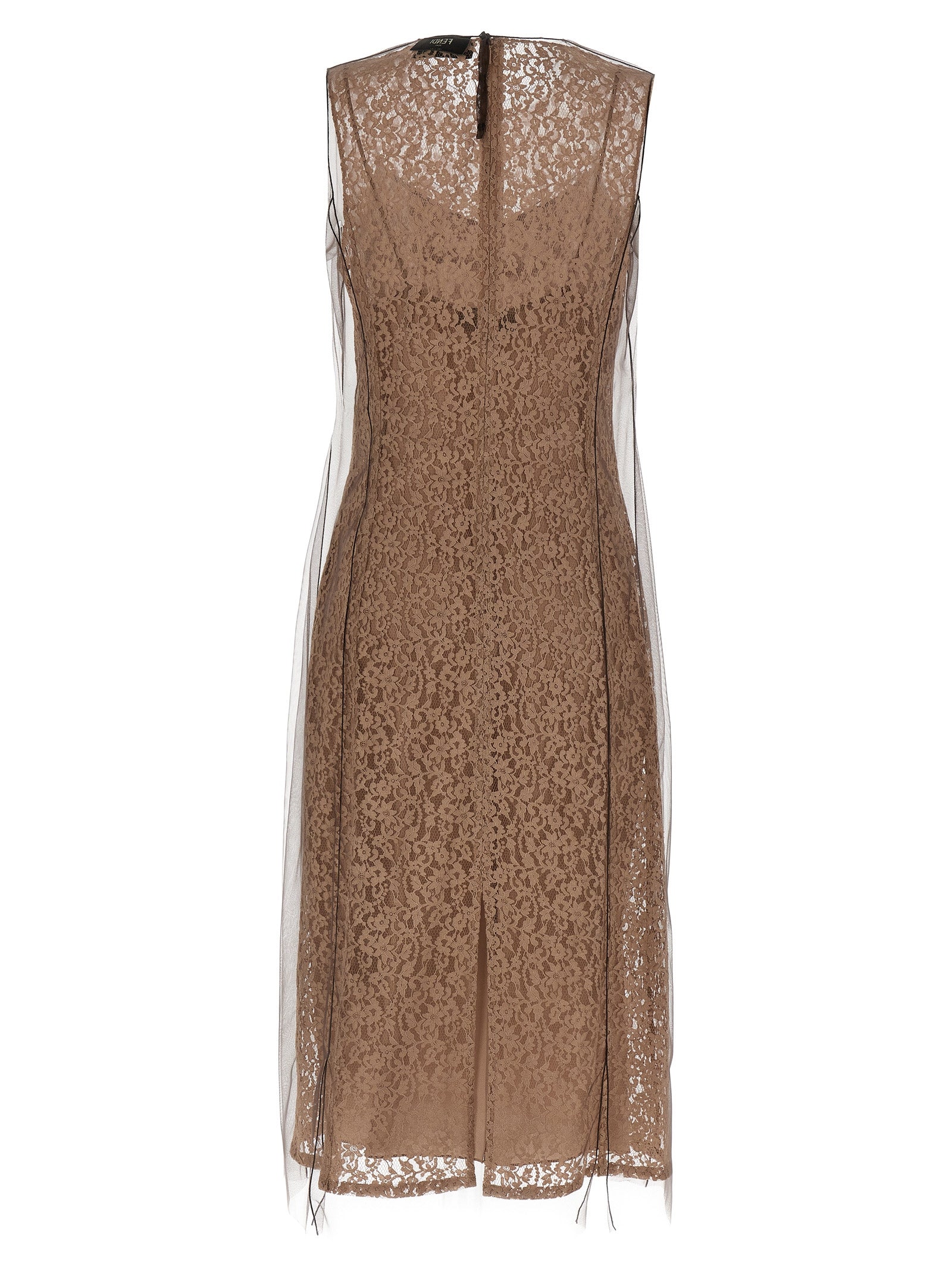 Dress by Fendi for women in polyamide cotton beige & floral features an eye catching silhouette with a sophisticated crew split neckline, elegant , and a refined midi for a eye catching aesthetic.