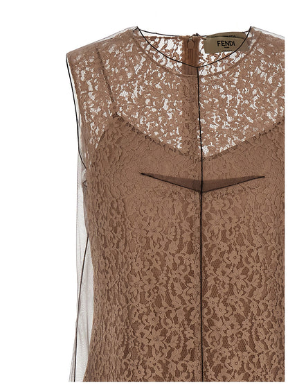 Dress by Fendi for women in polyamide cotton beige & floral showcases a striking silhouette, elegantly detailed with a , refined crew split neckline, and a striking midi for a striking finish.