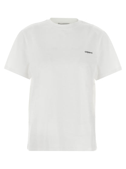 T-Shirt by Coperni for women in organic cotton bicolour, black, white & print showcases a unassuming silhouette, artfully detailed with a refined crew neckline and unassuming short-sleeve for a sophisticated, contemporary look.