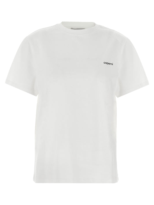 T-Shirt by Coperni for women in organic cotton bicolour, black, white & print showcases a unassuming silhouette, artfully detailed with a refined crew neckline and unassuming short-sleeve for a sophisticated, contemporary look.