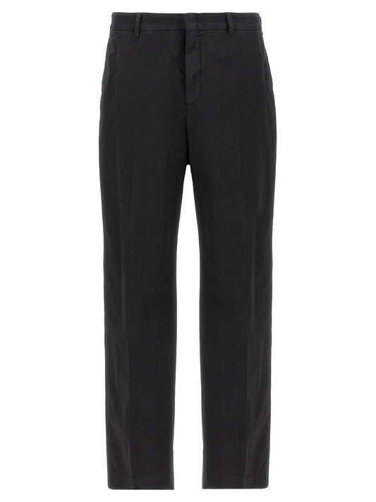 Casual Pants by CELLAR DOOR for men in stretch cotton black presents a tailored silhouette, showcasing a tailored straight-leg and long cut with a refined for a truly tailored aesthetic.