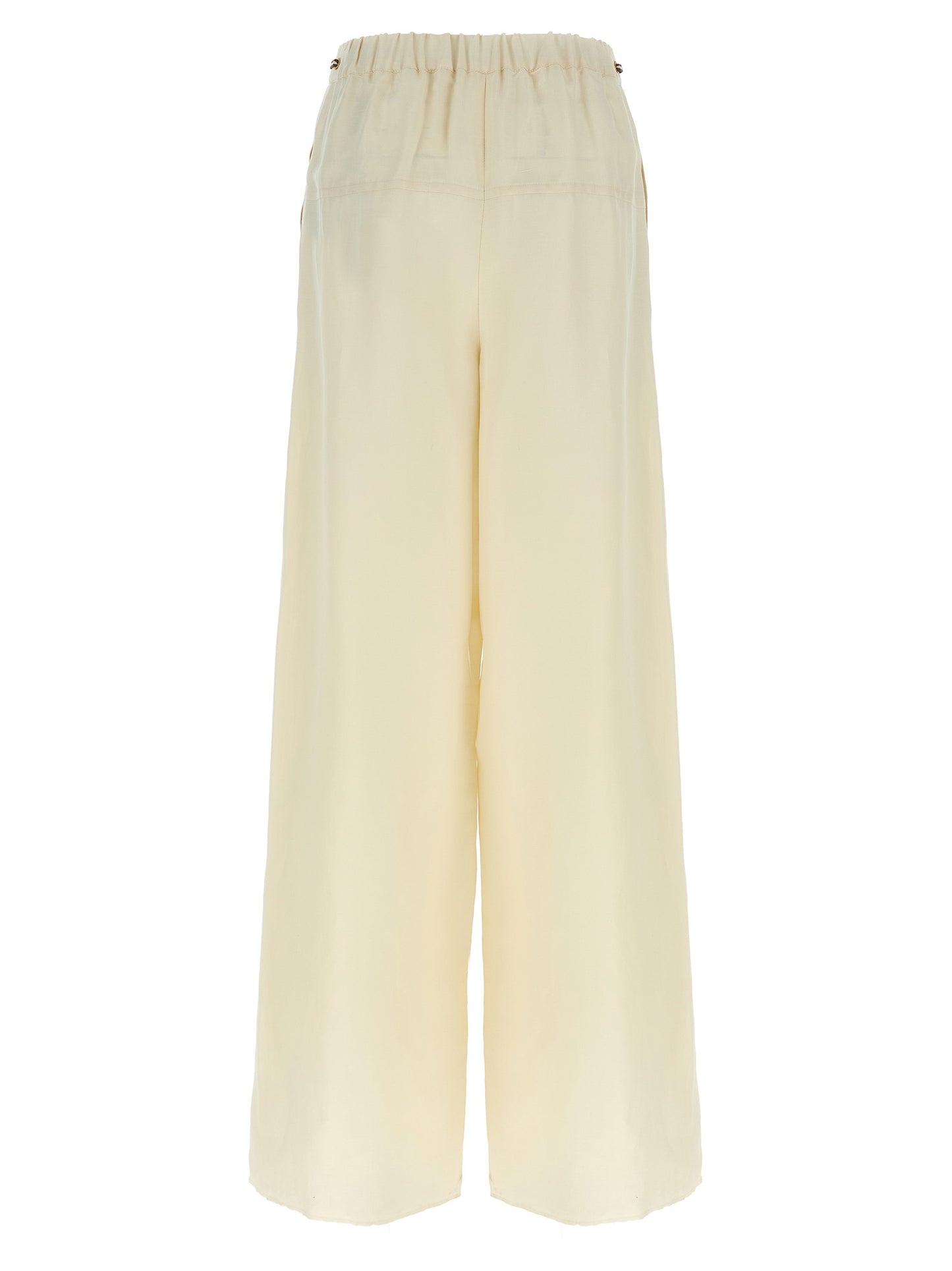 Casual Pants by Max Mara for women in linen flax twill white presents a tailored silhouette, showcasing a tailored wide and long cut with a refined high rise for a truly tailored aesthetic.