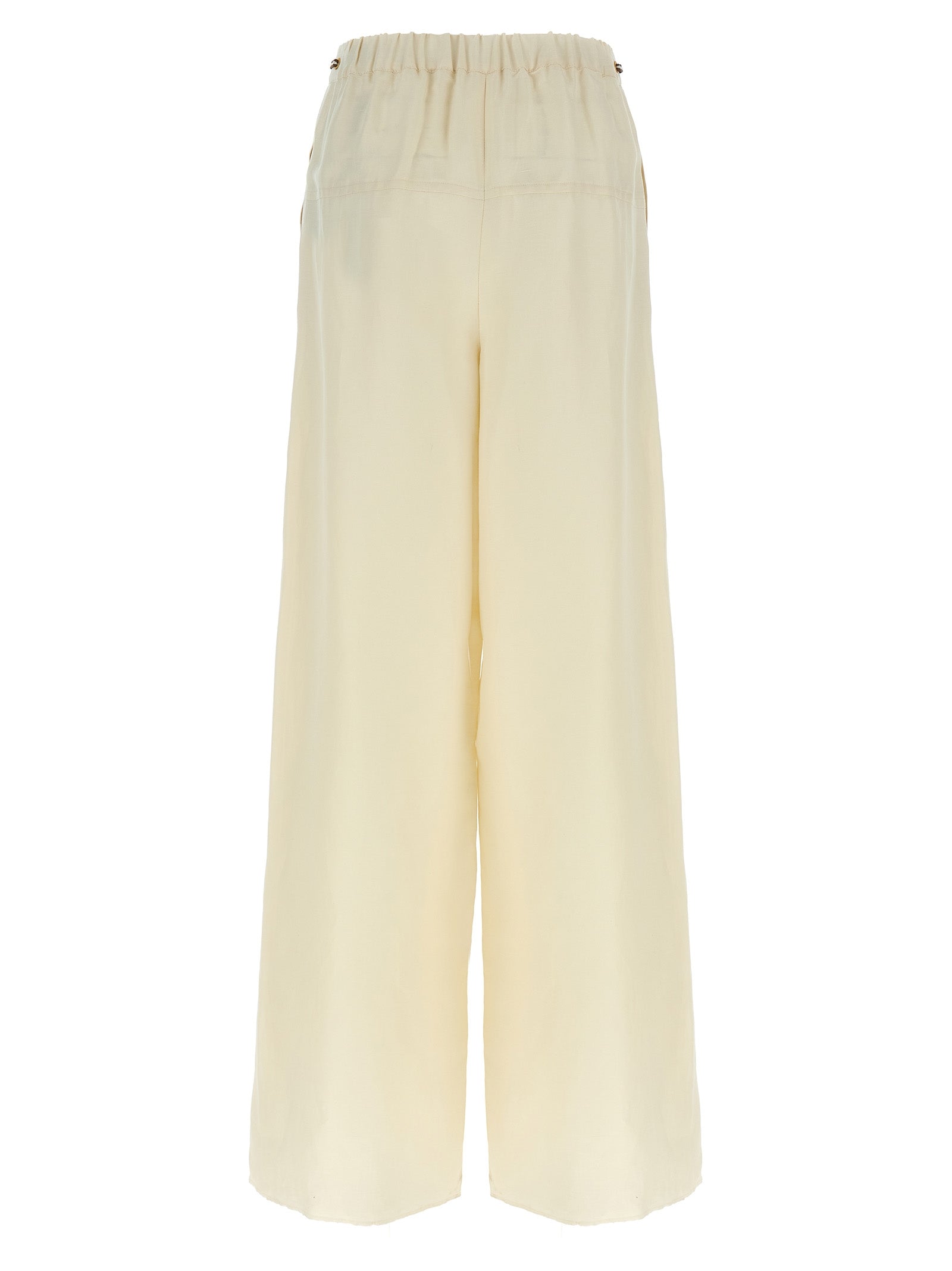 Casual Pants by Max Mara for women in linen flax twill white presents a tailored silhouette, showcasing a tailored wide and long cut with a refined high rise for a truly tailored aesthetic.