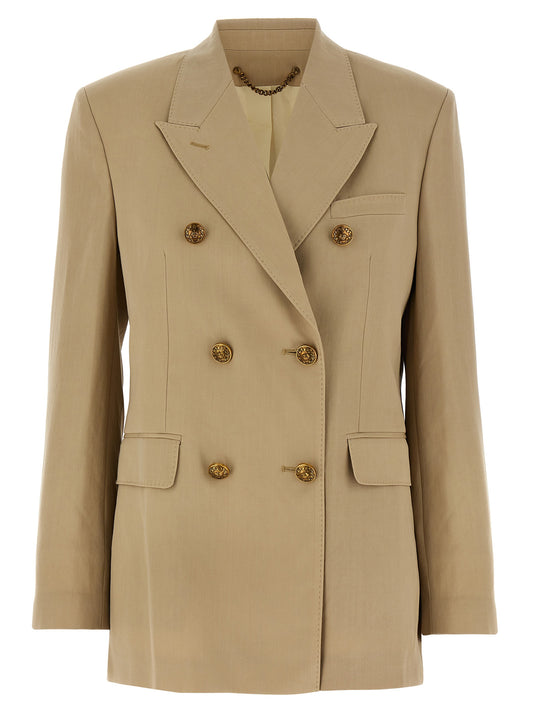 Blazer by Golden Goose for women in viscose & virgin wool beige & print presents a distinguished silhouette, detailed with a distinguished and distinctive for a truly sophisticated finish.