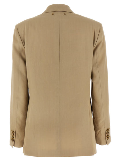 Blazer by Golden Goose for women in viscose & virgin wool beige & print features an sartorial silhouette, showcasing a sophisticated and sartorial for a truly sartorial finish.