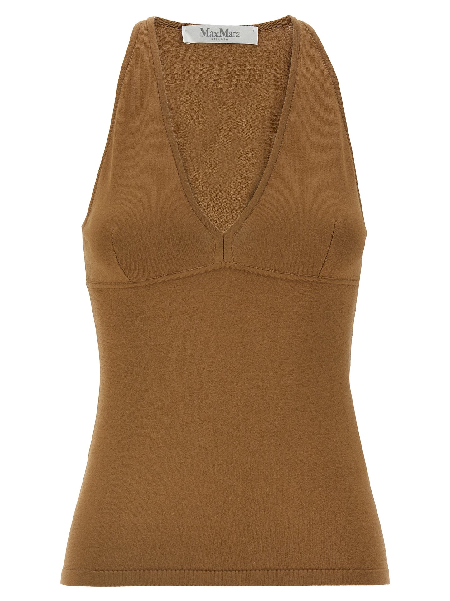 T-Shirt by Max Mara for women in polyester & viscose brown showcases a fashionable silhouette, elegantly detailed with a fashionable sleeveless and v-neck neckline for a sophisticated, high-fashion look.