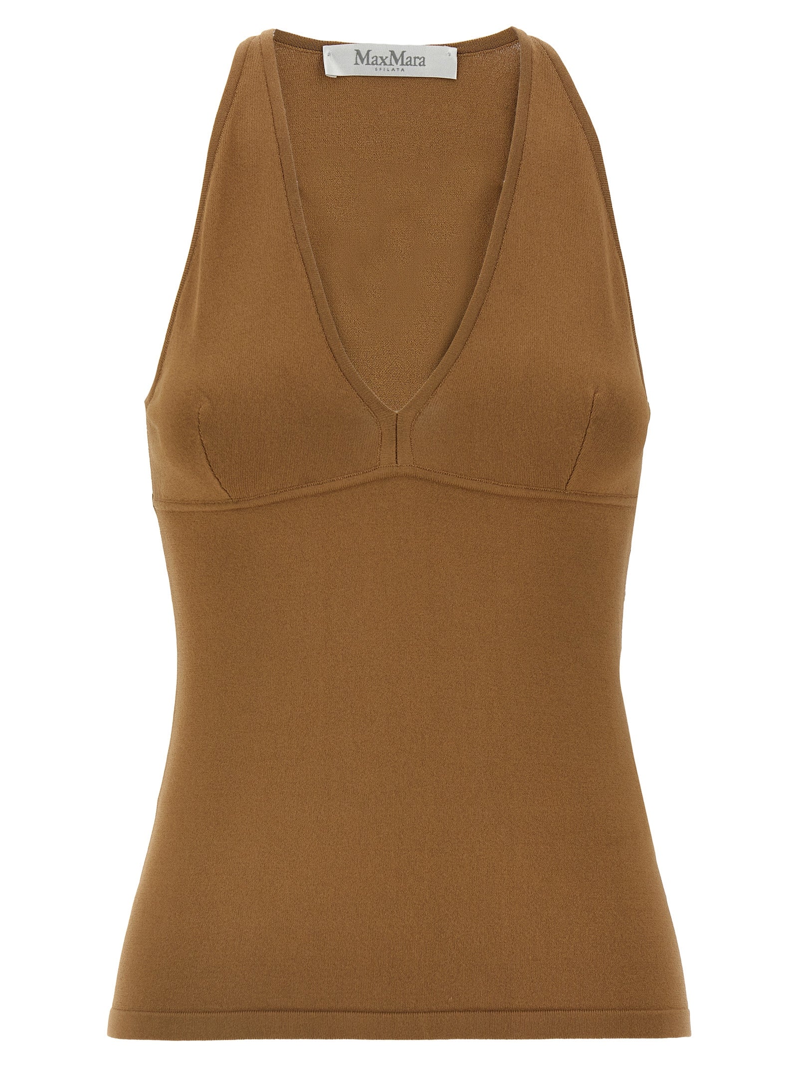 T-Shirt by Max Mara for women in polyester & viscose brown showcases a fashionable silhouette, elegantly detailed with a fashionable sleeveless and v-neck neckline for a sophisticated, high-fashion look.