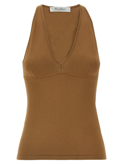 T-Shirt by Max Mara for women in polyester & viscose brown showcases a fashionable silhouette, elegantly detailed with a fashionable sleeveless and v-neck neckline for a sophisticated, high-fashion look.