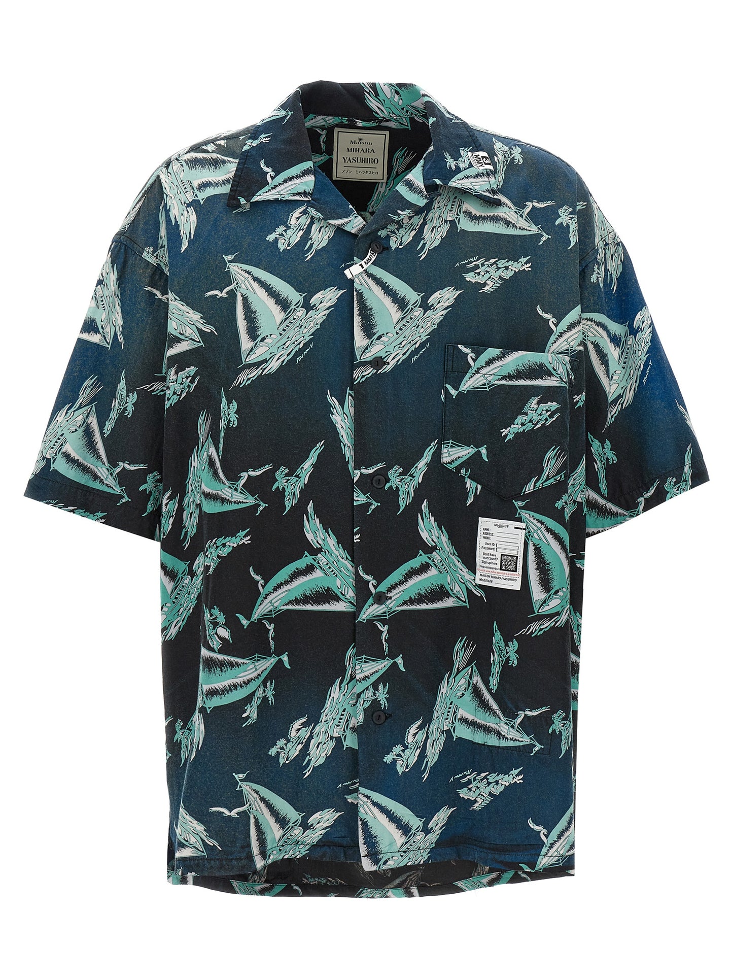 Shirt by Maison Mihara Yasuhiro for men in rayon & cotton blue & print features an architectural silhouette with a refined short-sleeve and elegant for a architectural look.
