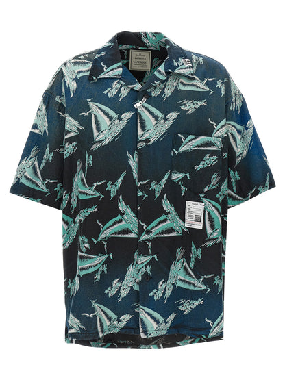 Shirt by Maison Mihara Yasuhiro for men in rayon & cotton blue & print features an architectural silhouette with a refined short-sleeve and elegant for a architectural look.