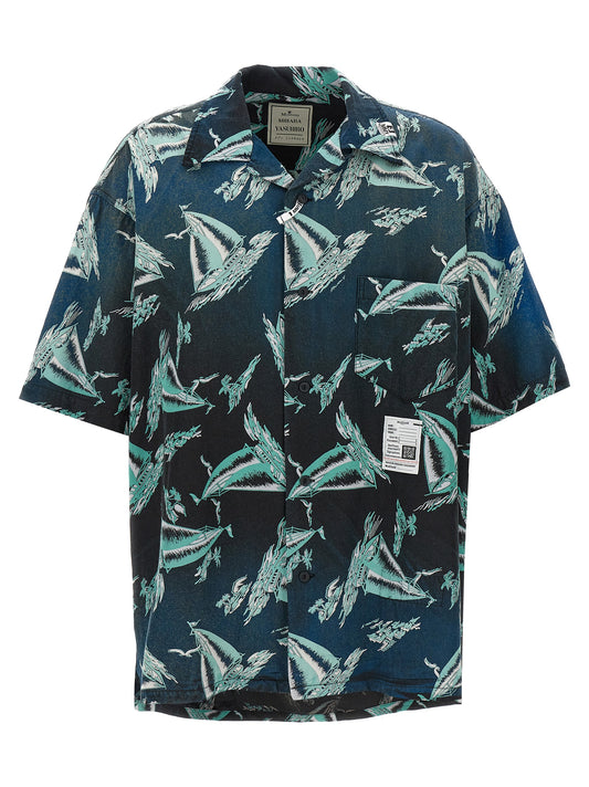 Shirt by Maison Mihara Yasuhiro for men in rayon & cotton blue & print features an architectural silhouette with a refined short-sleeve and elegant for a architectural look.