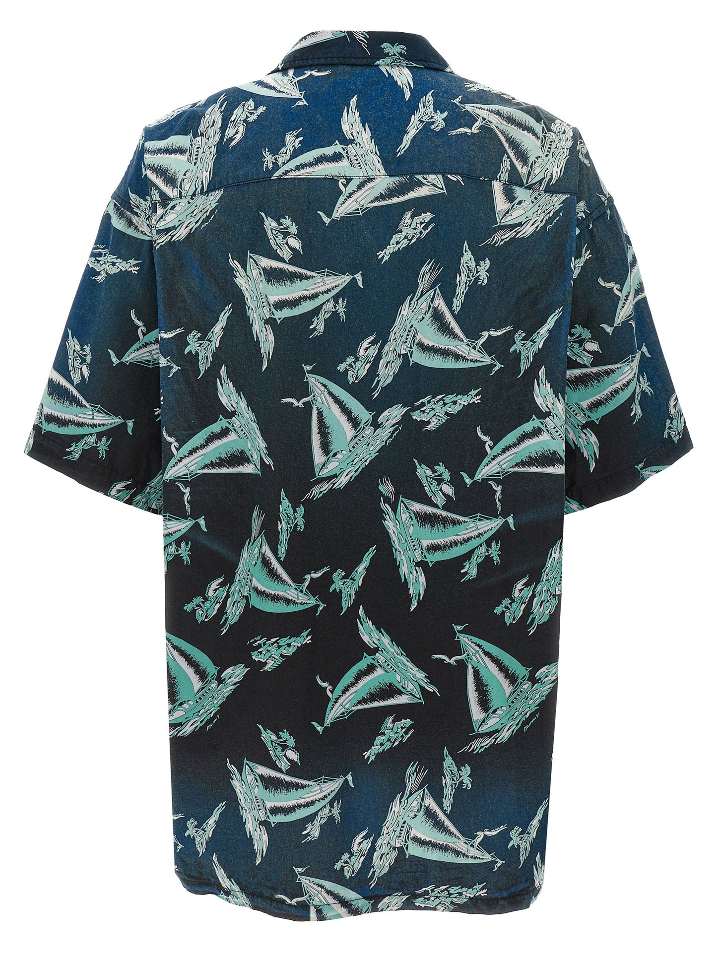 Shirt by Maison Mihara Yasuhiro for men in rayon & cotton blue & print showcases a sublime silhouette, artfully detailed with a sublime and for a sophisticated, sublime finish.