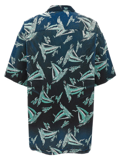 Shirt by Maison Mihara Yasuhiro for men in rayon & cotton blue & print showcases a sublime silhouette, artfully detailed with a sublime and for a sophisticated, sublime finish.