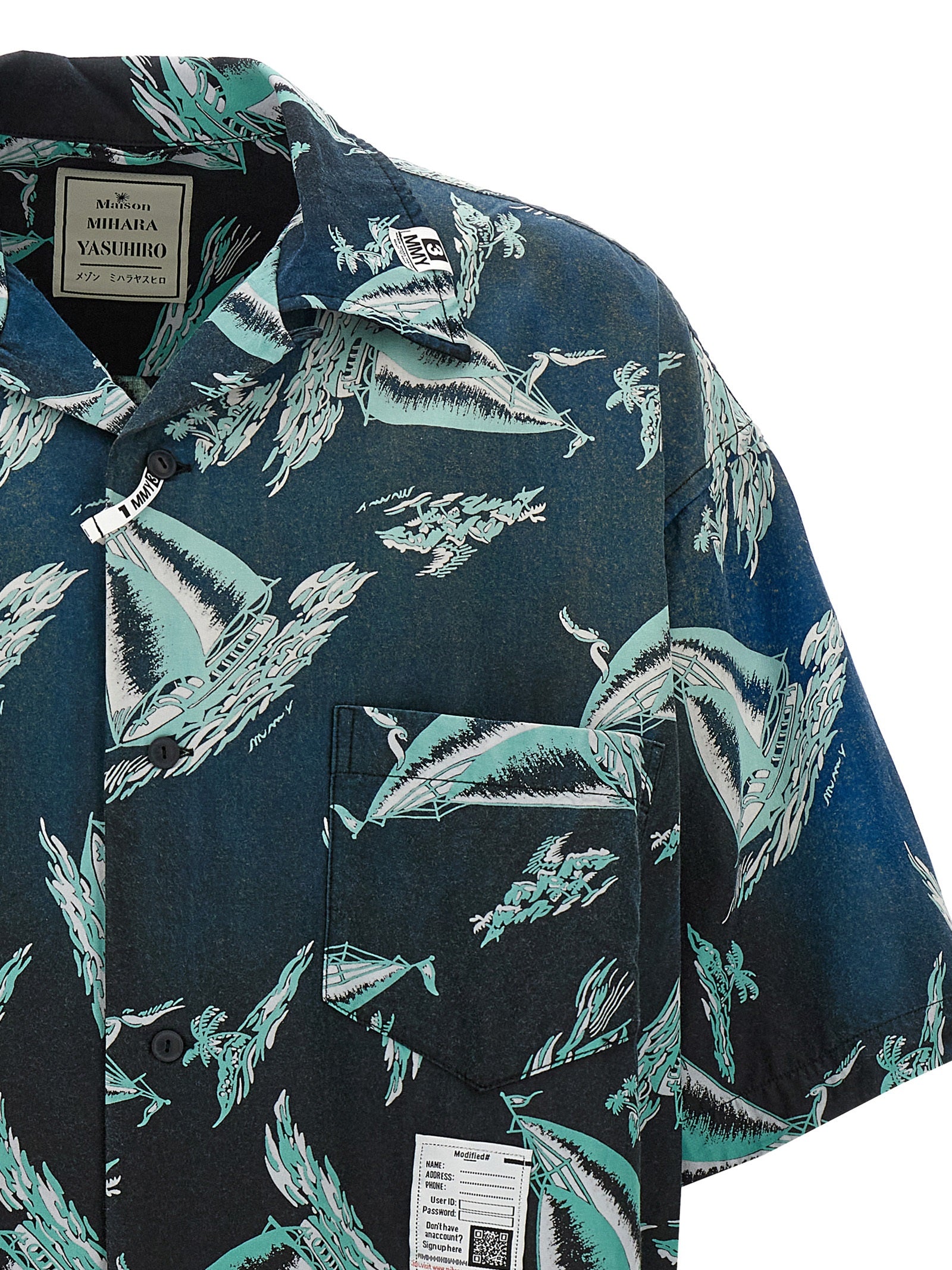 Shirt by Maison Mihara Yasuhiro for men in rayon & cotton blue & print features an polished silhouette, showcasing a sophisticated and detail for a truly polished finish.