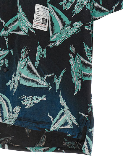 Shirt by Maison Mihara Yasuhiro for men in rayon & cotton blue & print features an architectural silhouette with a refined and elegant for a architectural look.
