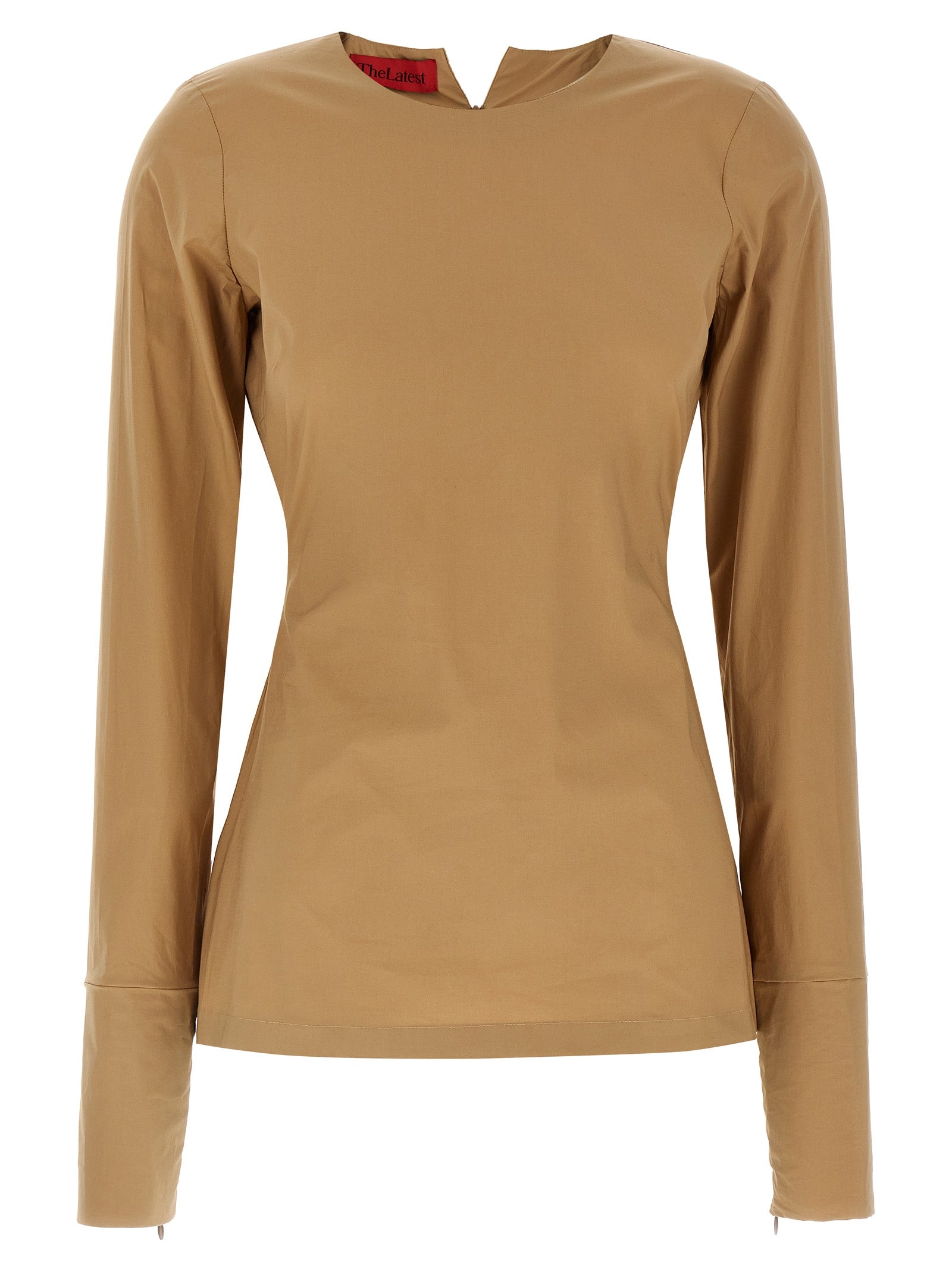 T-Shirt by THELATEST for women in cotton terrycloth beige showcases a unassuming silhouette, artfully detailed with a refined round split neckline and unassuming long-sleeve for a sophisticated, contemporary look.