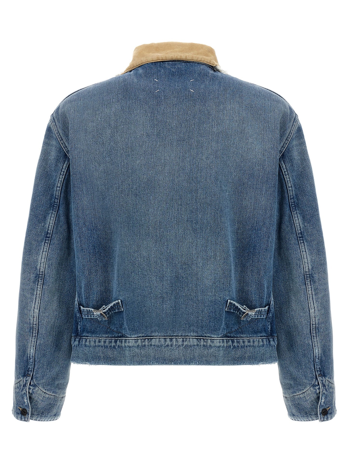 Trucker Jacket by Maison Margiela for men in denim cotton corduroy light-blue features a dramatic silhouette, showcasing a sophisticated and distinctive pockets for a dramatic aesthetic.