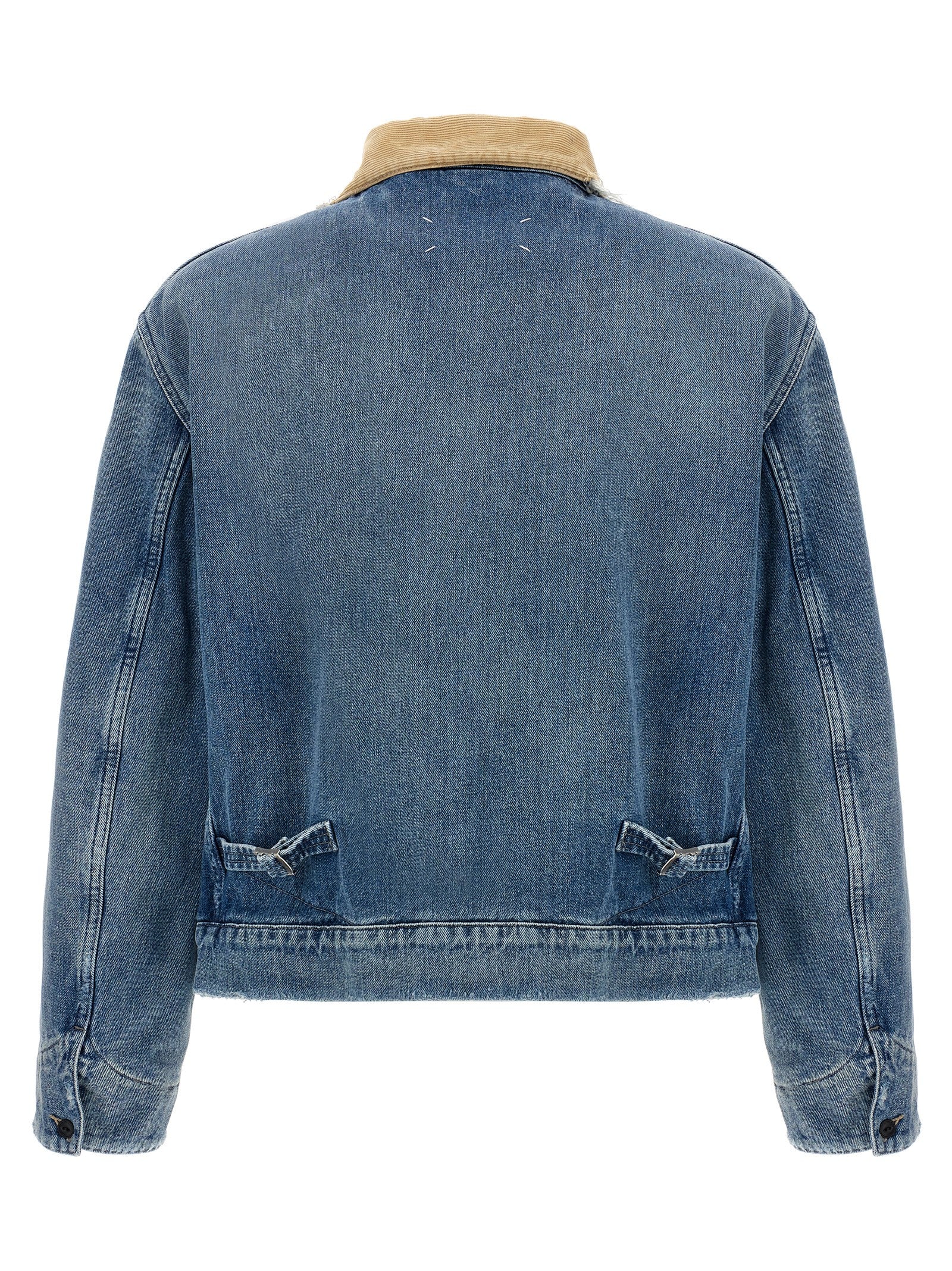 Trucker Jacket by Maison Margiela for men in denim cotton corduroy light-blue features a dramatic silhouette, showcasing a sophisticated and distinctive pockets for a dramatic aesthetic.