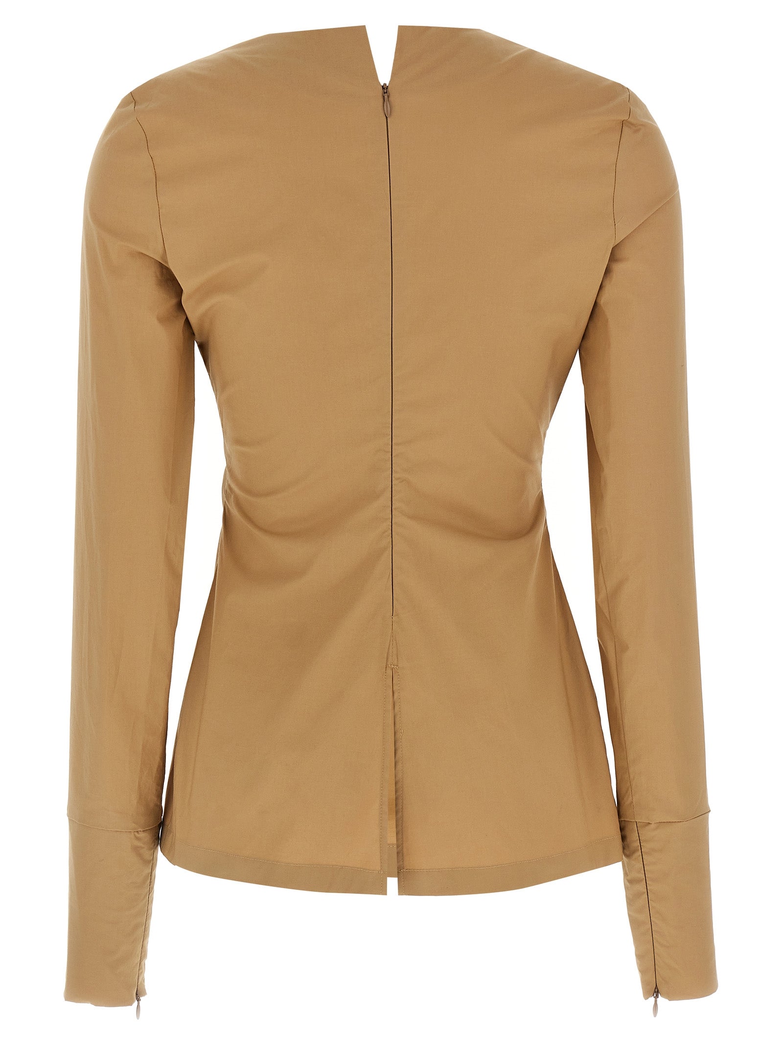 T-Shirt by THELATEST for women in cotton terrycloth beige features an on trend silhouette, perfectly showcasing a on trend and round split neckline for an elevated aesthetic.