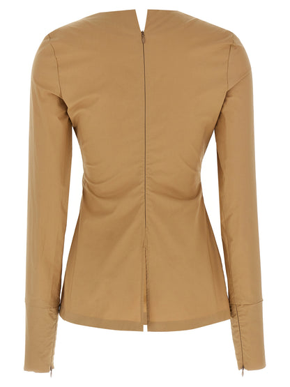 T-Shirt by THELATEST for women in cotton terrycloth beige features an on trend silhouette, perfectly showcasing a on trend and round split neckline for an elevated aesthetic.