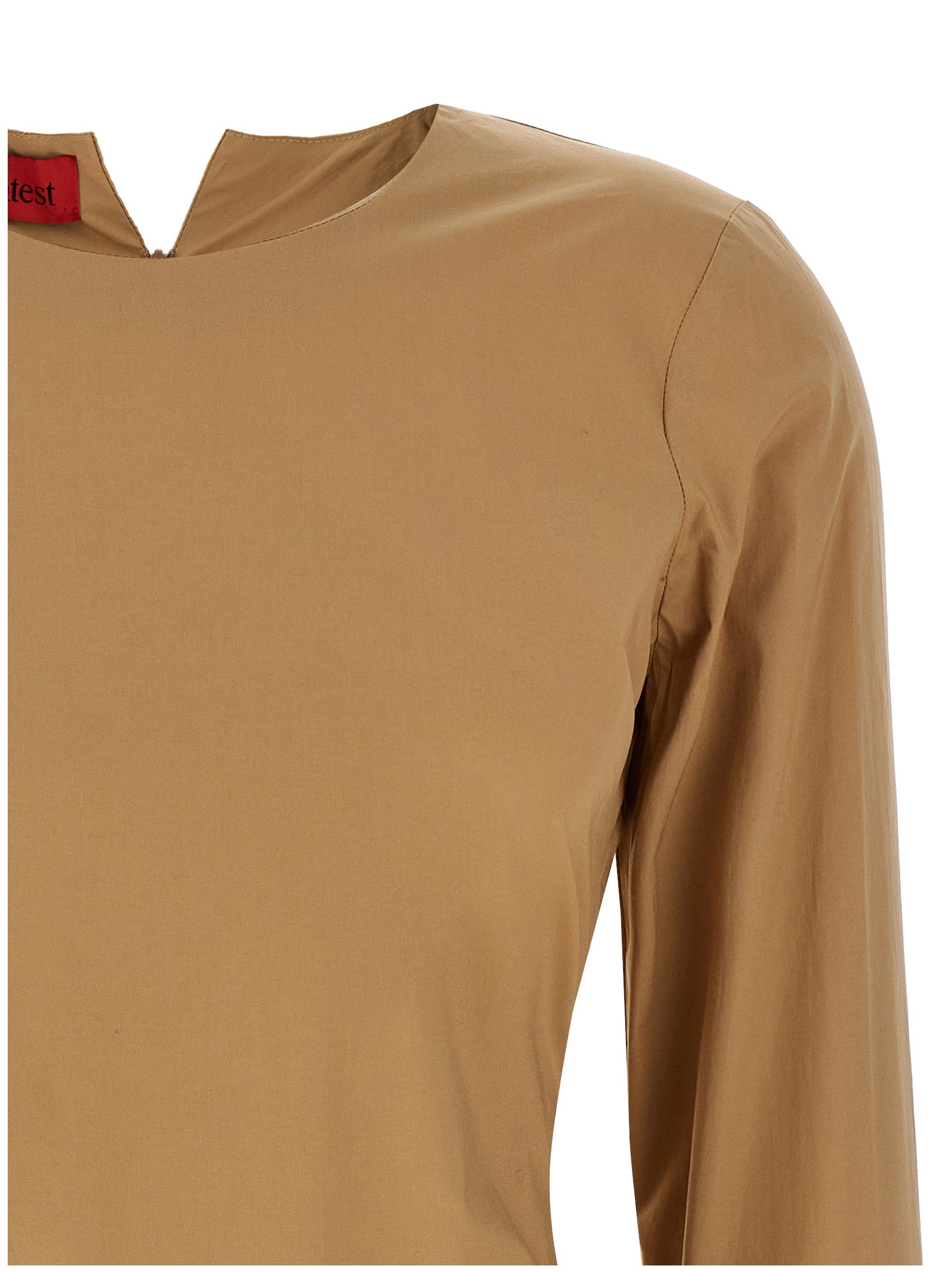 T-Shirt by THELATEST for women in cotton terrycloth beige showcases a chic silhouette, artfully detailed with a chic round split neckline and for a chic finish.