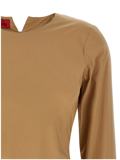 T-Shirt by THELATEST for women in cotton terrycloth beige showcases a chic silhouette, artfully detailed with a chic round split neckline and for a chic finish.
