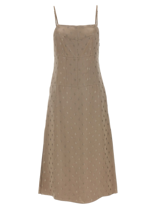 Dress by Fendi for women in viscose silk satin gray, patterned, floral & jacquard features an eye catching silhouette with a sophisticated square neckline, elegant , and a refined midi for a eye catching aesthetic.