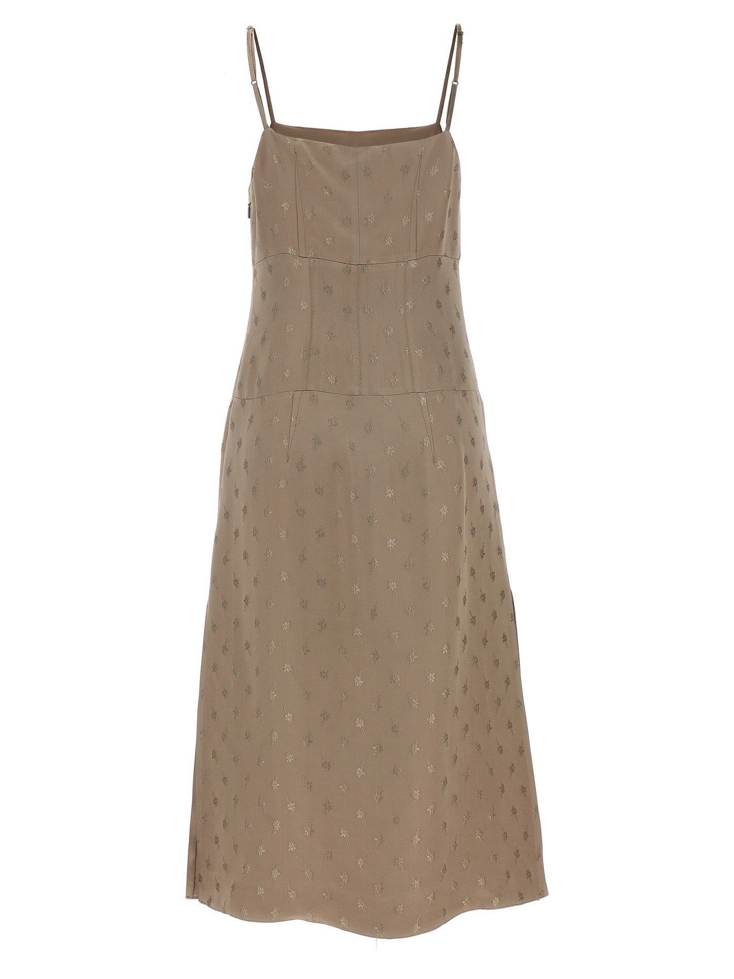 Dress by Fendi for women in viscose silk satin gray, patterned, floral & jacquard features a dramatic silhouette, showcasing an elegant square neckline and that flows into a dramatic midi.