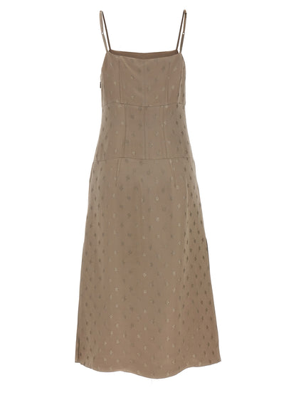 Dress by Fendi for women in viscose silk satin gray, patterned, floral & jacquard features a dramatic silhouette, showcasing an elegant square neckline and that flows into a dramatic midi.