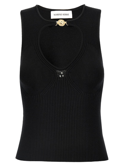 Tank Top by Marine Serre for women in polyamide & viscose black showcases a streamlined Women's Round Neck Polyamide & Viscose Tank Top design with a streamlined sleeveless and round neckline.
