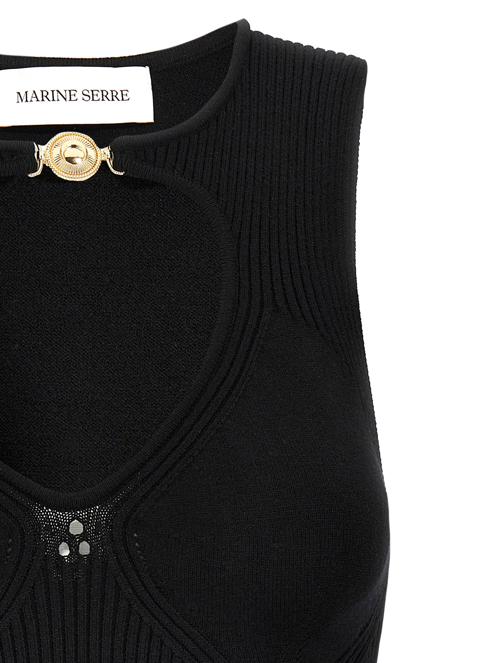 Tank Top by Marine Serre for women in polyamide & viscose black showcases a meticulous silhouette, artfully finished with a meticulous round neckline and for a sophisticated, meticulous look.
